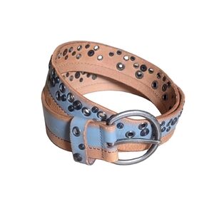 Armani Exchange Women's Belt Leather Blue Tan Studded Rivets Genuine Leather S